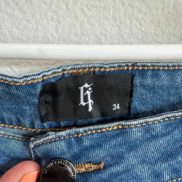 Blue Denim Patchwork Stretch Jeans Slim Fit Flared Pants - Picture 5 of 7